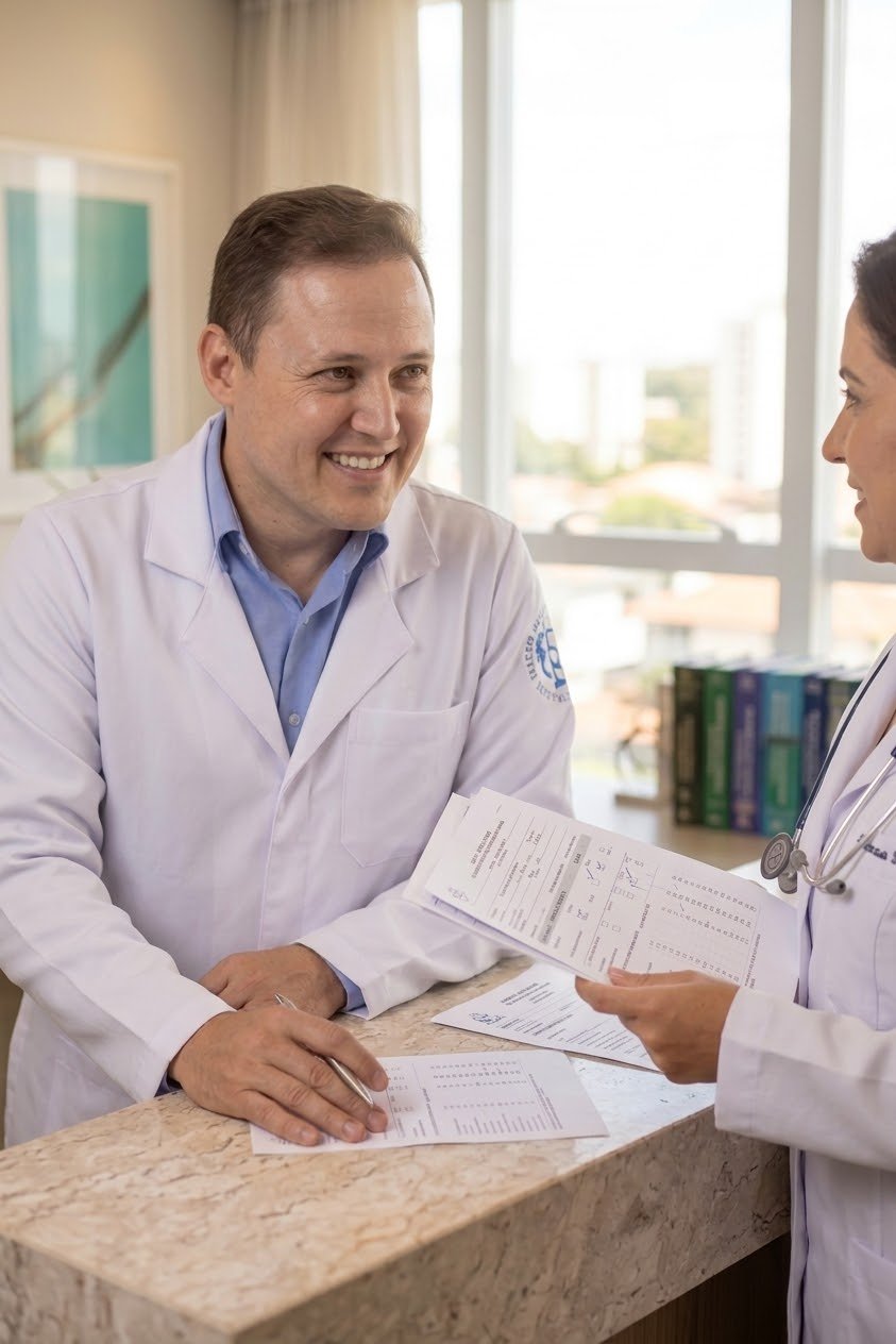 Dr. Bruno Funchal conversando com uma colega no consultório