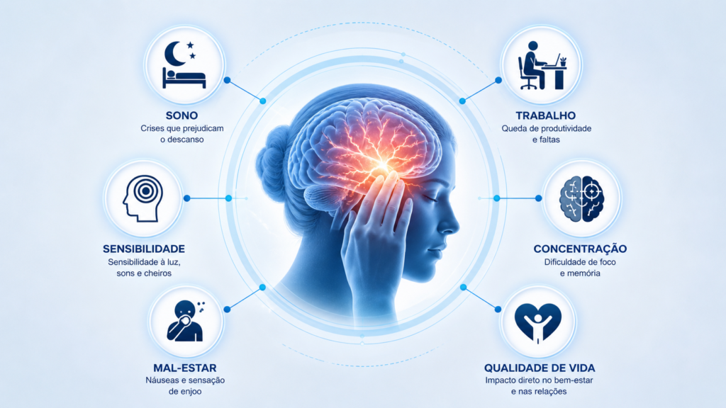 Ilustração médica de enxaqueca mostrando cérebro com área de dor ativa e impacto em sono, trabalho, concentração, sensibilidade, mal-estar e qualidade de vida